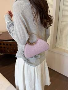Metallische Glitzer Abend-Clutch mit rundem Griff, formelle Kleider-Handtasche, kleine Party-Bankett-Umhängetasche mit Metallkette - Pink - Übersicht 6