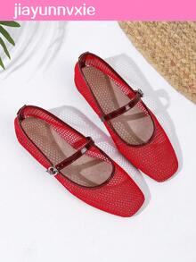 Women's Mesh Ballet Flats, Breathable Casual Square Toe, Fashionable Comfortable Soft Bottom Flat Shoes - Red - View 3