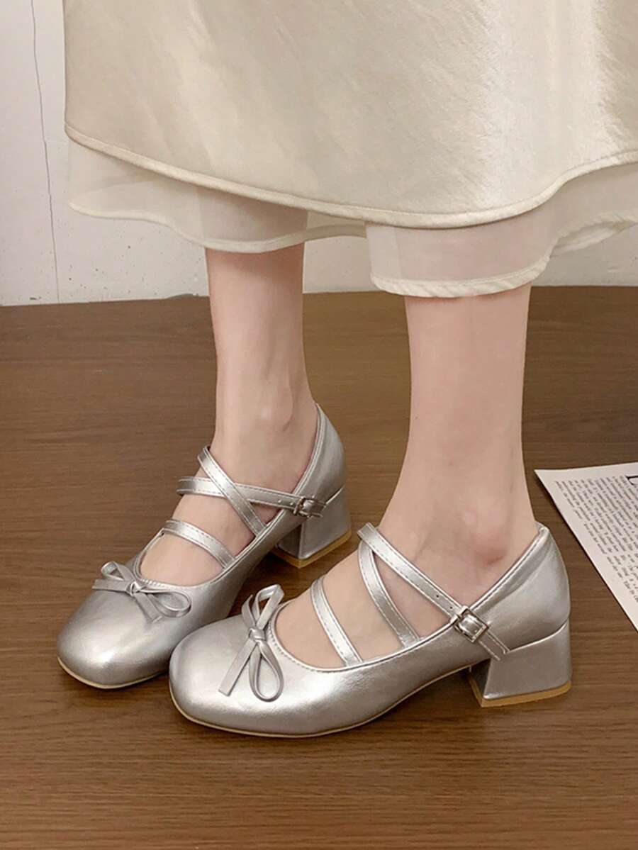 Sapatos de Salto Alto Femininos, Sapatos Mary Jane de Salto Grosso com Bico Quadrado em Verniz Brilhante, Estilo Europeu e Americano, Escritório, Reunião de Negócios, Café, Chá da Tarde, Primavera, Prata, Retrô, Elegante, Confortável, Uso Externo - Prata - Visão 1