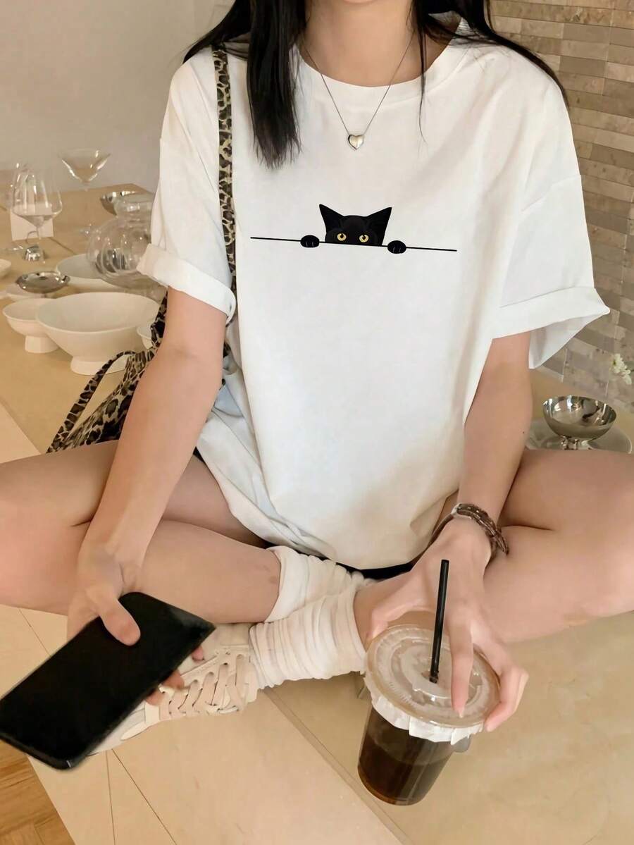 新款夏季 Y2K 女款貓咪印花圖案百搭休閒圓領短袖 T 恤 白色 - 白色 - 查看 1
