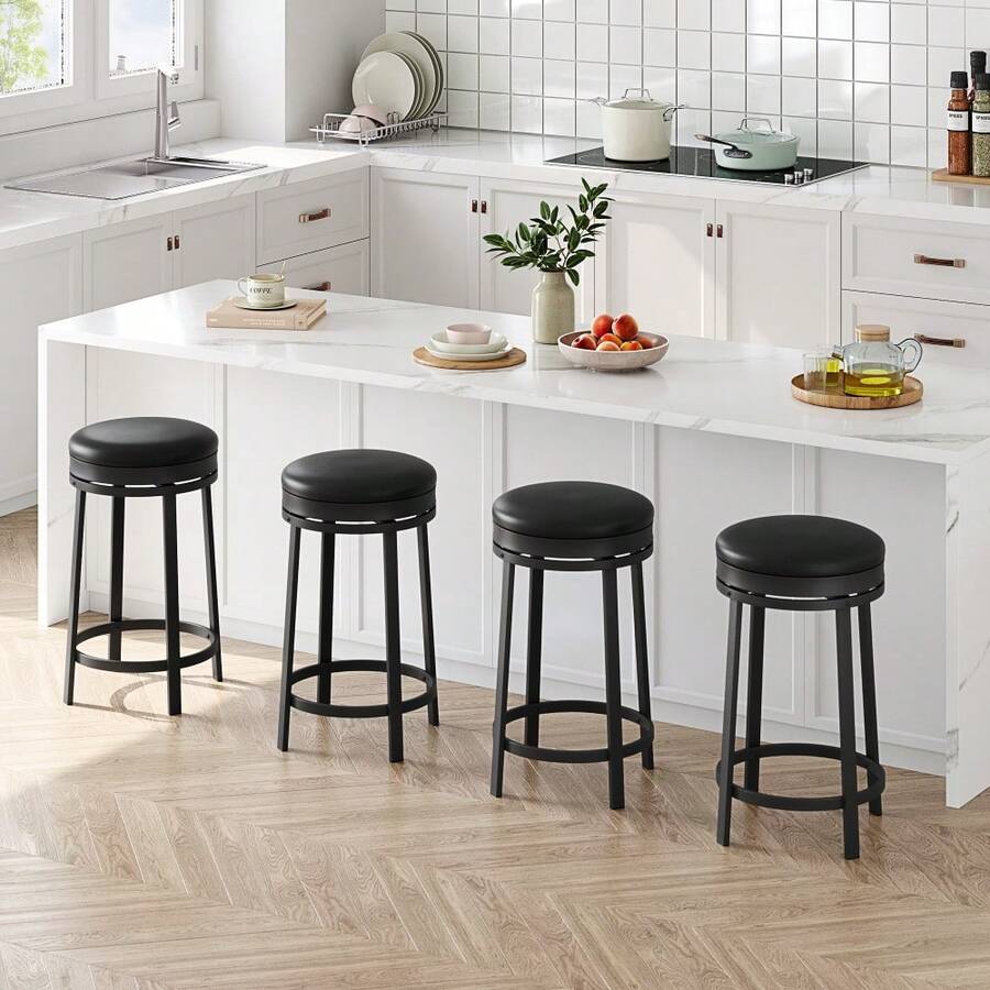 24'' Backless Round Swivel Bar Stools Set Of 2/4, Modern Counter Height Backless Round Kitchen Island Seating With PU Leather Upholstery And Metal Frame Durable Comfortable - View 1