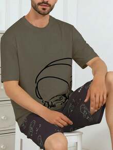 Men's Summer Pajama Set, Round Neck Solid Color Minimalist Astronaut Print Short Sleeve & Shorts, Casual Comfortable Lazy Loungewear - Multicolor - View 5