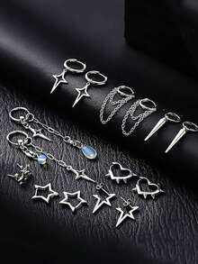 1/8 Pairs Neutral Gothic Decadent Emo Punk Y2K Korean Style Tassel Chain Water Drop Star Moon Pendant Huggie Earrings Gift - Silver - View 3