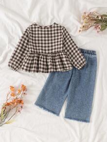2pcs Baby Girl Vintage Casual 3D Bow Plaid Top & Floral Embroidered Tassel Trim Denim Faux Pocket Long Pants Set, Spring/Autumn - Coffee Brown - View 3