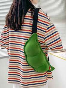 Funny Personalized Cute Pea One Shoulder Crossbody Chest Bag, Cute 3D Bean-Shaped Plush Crossbody Bag, Green Pea Pod Shoulder Bag With Zipper Closure, Creative Pea Pod Design, Suitable For Spring Outfits, Parties, Gifts, Bean Theme Shoulder Bag, Cute Green Soybean Shaped Crossbody Bag, Novelty Bag - Cute Pea-Shaped Fun Plush Chest Bag For Women, Suitable For Travel, Gatherings - Green - View 8