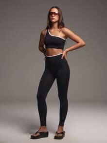 PinkTip High Waist Yoga One Shoulder Cropped Top And Leggings Set, Suitable For Gym, Pilates Practice And Street Wear - Black - View 3