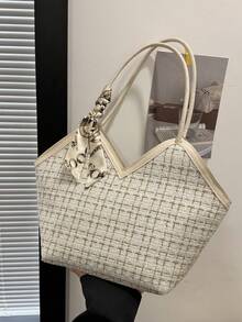 Sac cabas d'épaule en tweed avec décoration de nœud, léger et portable, style décontracté et mode, motif à carreaux, écharpe fine décorative, pour filles, femmes et étudiantes - Blanc - Voir 7