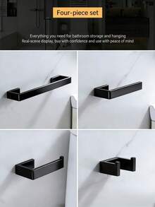Drill-In Installation Bathroom Storage Set, Stainless Steel Towel Bar, Thickened Square Tube Toilet Paper Holder, Multi-Purpose Hooks, 3/4 Pieces - Multicolor - View 3