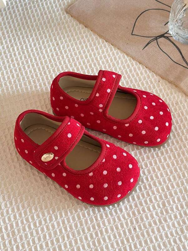 Four Seasons Vintage Matte Suede Mary Jane Princess Shoes For Girls, All-Over White Polka Dot Print + Metal Snap Design, Lightweight Soft Sole Anti-Slip Low Vamp Shoes For Baby Girls' New Year Outfits
