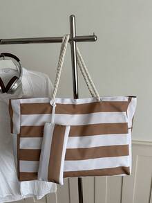 2pcs Large Waterproof Beach Tote Bag Set, With Zipper And Waterproof/Sand-Proof Design, Suitable For Swimming Pool, Random Pattern, School Backpack, Portable, Large Capacity, Suitable For Teenage Girls, Women, College Students, University, Middle School, High School, Outdoor, Travel, Outing, Work, Business, Commute, Holiday, Shopping - Coffee Brown - View 6