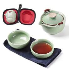 Outdoor Travel Tea Set, 1 Pot And 2 Cups, Portable Kung Fu Tea Set, Ceramic Tea Set With Filter And Protective Storage Bag. Suitable For Outdoor BBQ, Party, Camping, Space-Saving Design. - Green - View 1