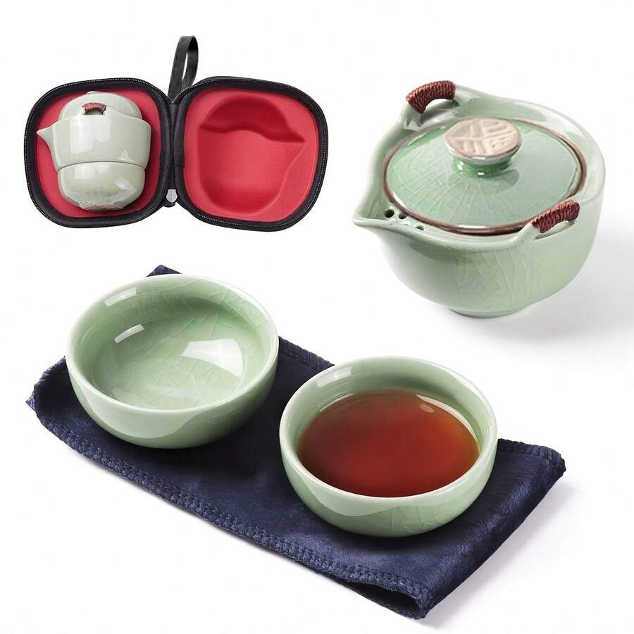 Outdoor Travel Tea Set, 1 Pot And 2 Cups, Portable Kung Fu Tea Set, Ceramic Tea Set With Filter And Protective Storage Bag. Suitable For Outdoor BBQ, Party, Camping, Space-Saving Design. - Green - View 1