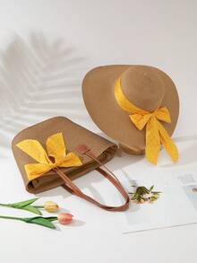 Set Topi Jerami dan Tas Anyaman Wanita, Topi Jerami Bertepi Lebar dengan Bagian Atas Datar Pelindung Matahari, Serbaguna untuk Perjalanan dan Fotografi - Topi khaki kuning - View 7