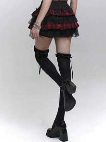 1 Pair Black Over-The-Knee Socks, Creative Lace, Bow And Ribbon Design, Pure Black, Versatile And Easy To Match - Black - View 5