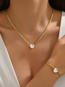 1 Set Classic Romantic Style Stainless Steel Jewelry Set With Inlaid Colorful Heart-Shaped Glass Decor And Whip Chain, Suitable For Women To Wear At Engagement Or Date, Or As A Holiday Gift For Loved Ones - Yellow Gold - View 1