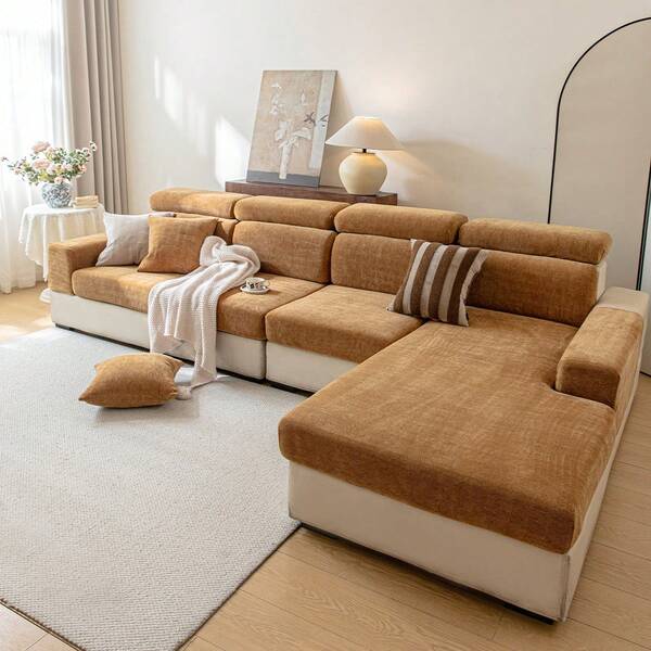 1pc Solid Color Herringbone Chenille Sofa Cover Set, Non-Slip Washable Sofa Cushion Cover, Suitable For Home Pet Owners And Children, Neutral Wabi-Sabi Minimalist Furniture Protector, Living Room Villa Daily Decor, Multiple Sizes