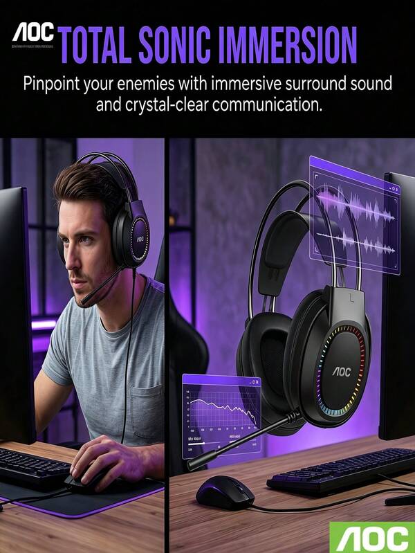 AOC 1pc Lenovo Professional Bluetooth Headphones 40mm Large Dynamic Driver HiFi Stereo Bluetooth 5.4 Wide Compatibility Breathable Soft Ear Cushions Comfortable Long-Term Wear Black