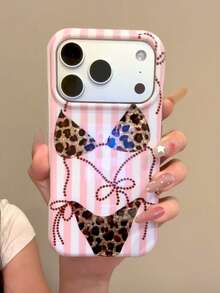 Striped Sweet & Cool Leopard Print Phone Case Compatible With IPhone 17 Pro Max, New Korean Ins Style Aesthetic, Creative Niche Premium Full Coverage Anti-Drop With Lanyard For IPhone 16/15 - Pink - View 2