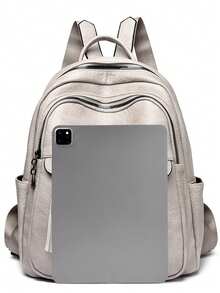Women's High-Quality PU Leather Large Capacity Backpack, Suitable For Teenage Girls' School Backpack, Travel Backpack, Designer - Light Grey - View 5