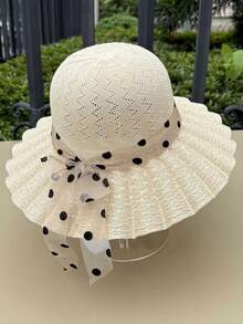 1pc Straw Hat, Women's Summer Hat With Ribbons, Raffia Sun Hat, Stylish Mom's Sun Hat, Summer Women's Sunshade Hat, Straw Hat, Foldable - Polka Dot Ribbon Ruffled Beige Straw Hat - View 4