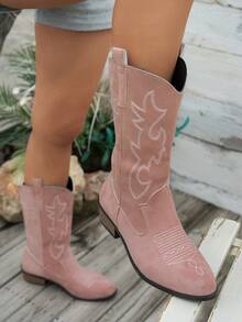 Women's Autumn/Winter Fashion Embroidered Faux Suede Pink Western Boots, Pointed Toe Chunky Heel V-Cut Over-The-Knee Long Boots, Cowboy Boots, Western Style Embroidered Holiday Edition - Pink - View 4