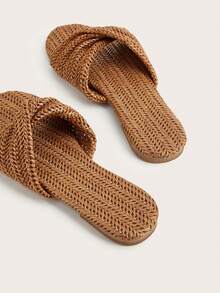 Brown Straw Woven Handmade Twisted Decor Flat Sandals For Women, Bohemian Style, Vacation Style, Daily Wear, Versatile, Random Twisted Direction And Pattern, Random Straw Woven Texture - Brown - View 6
