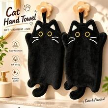 2-Piece And 1-Piece Wall-Mounted Black Cat Hand Towels, Kitchen Heat-Resistant Mats, Thickened Absorbent Coral Fleece Cleaning Cloths And Hand Towels - Black Cat - View 3