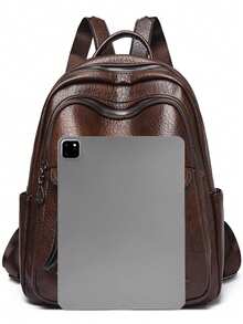 Tas Ransel Kulit PU Berkualitas Tinggi untuk Wanita, Kapasitas Besar, Tas Bahu Sekolah untuk Remaja Putri, Tas Ransel Perjalanan Desainer - Coffee Brown - View 6