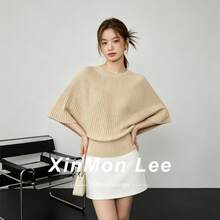 Áo len dệt kim cổ tròn tay dơi xếp ly màu trơn, áo dệt kim đa năng phong cách công sở, mặc ở nhà, hằng ngày, hẹn hò, mùa hè - Màu Khaki - Xem 2