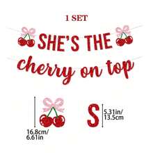 1 Set "She's The Best" Banner Decoration, Red Cherry And Pink Bow, Cute Cherry Theme Birthday Party Baby Shower Backdrop Decor - Red - View 3
