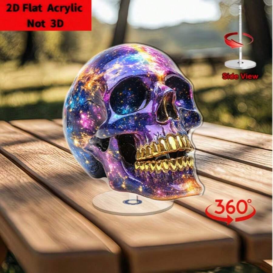 1件 2D壓克力印刷旋轉桌面擺飾－360°旋轉骷髏設計搭配宇宙星系藝術，彩色療癒裝飾，適合辦公室、居家與創意空間 - 查看 1