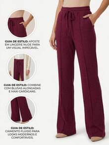 High-Waisted Wide-Leg Pants With Crease, Plain Wool, For Winter. - 紅木色 - 查看 6