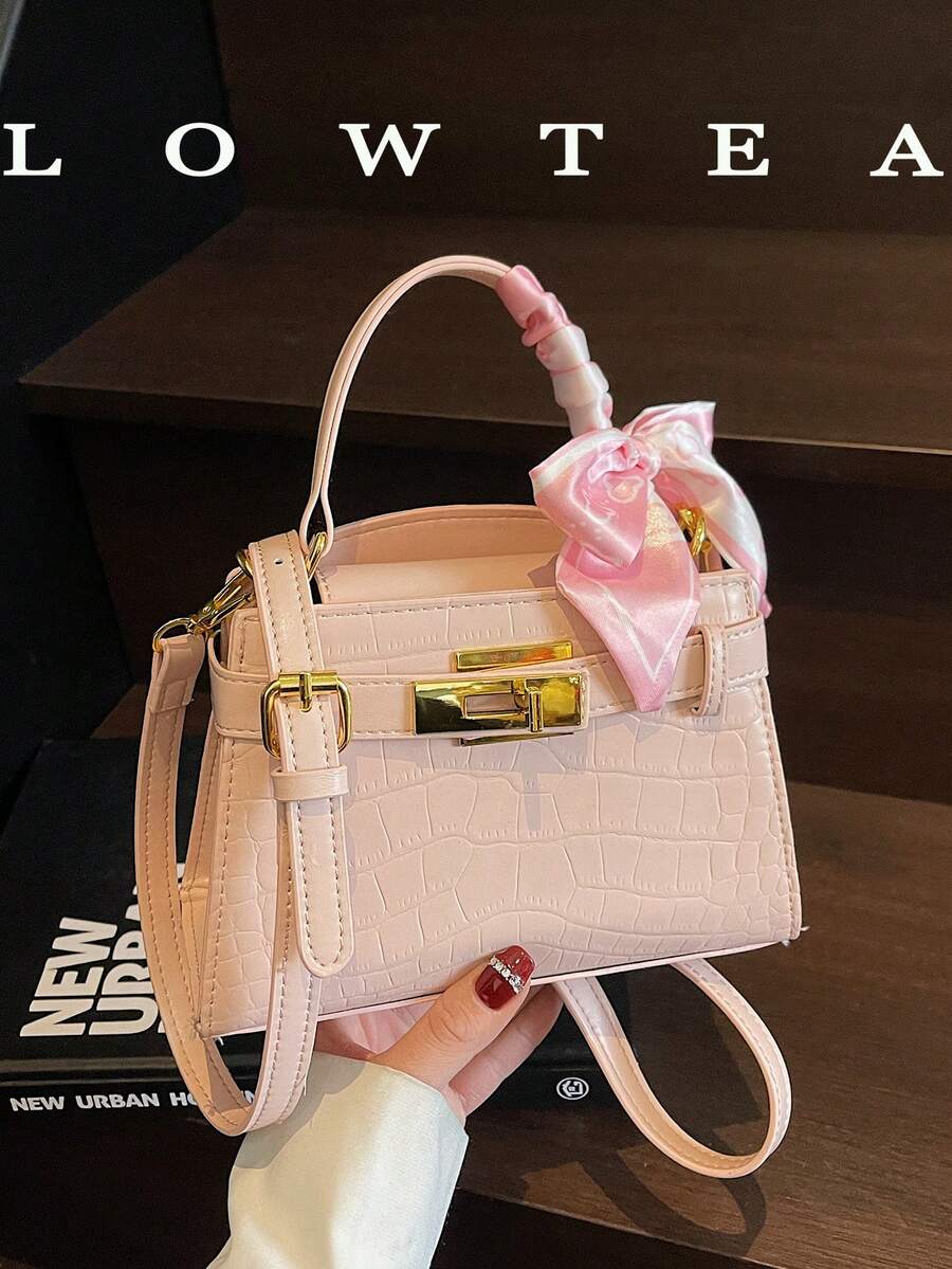 Low Tea 1件純色PU布料女款優雅時尚方型托特包,頂部單手柄設計,按扣開合,可拆卸可調節肩帶,可肩背或斜背,適合旅行、購物、約會,通勤、戶外、出遊,女性禮物 - 粉色 - 查看 1