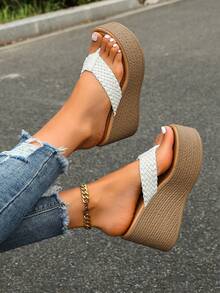 Platform Wedge Back Strap Sandals, Versatile Elevated Women Footwear - White - View 2