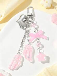 1pc Exquisite Sweet Pink Resin Bow Flower Bag Charm, Glitter Wing Keychain Pendant - Multicolor - View 8