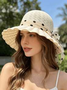 1pc Straw Hat, Women's Summer Hat With Ribbons, Raffia Sun Hat, Stylish Mom's Sun Hat, Summer Women's Sunshade Hat, Straw Hat, Foldable - Polka Dot Ribbon Ruffled Beige Straw Hat - View 1