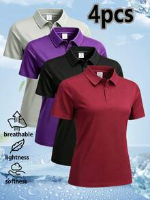 4pcs Women's Slim Fit Polo Collar T-Shirts, Solid Color Short Sleeve, Suitable For Commuting, Casual, Golf, Tennis, Outdoor Activities, Home, Travel - Multicolor - View 2