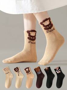 ZUJO 4 Pasang Kaos Kaki Anak Perempuan Motif 3D Berbulu Lucu, Panjang Setengah Betis, Motif Bunga, Huruf, Kartun Beruang, Lembut dan Bernapas, Cocok untuk Pemakaian Sehari-hari di Musim Semi, Gugur, dan Musim Dingin (5-15℃) - MultiWarna - View 3
