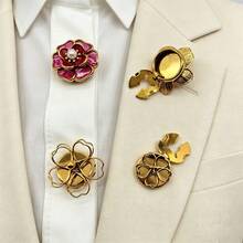 1 Pc Assorted Flower Cufflinks With Pearl & Enamel, No-Sew Formal Shirt Accessories For Men - Gold - View 3