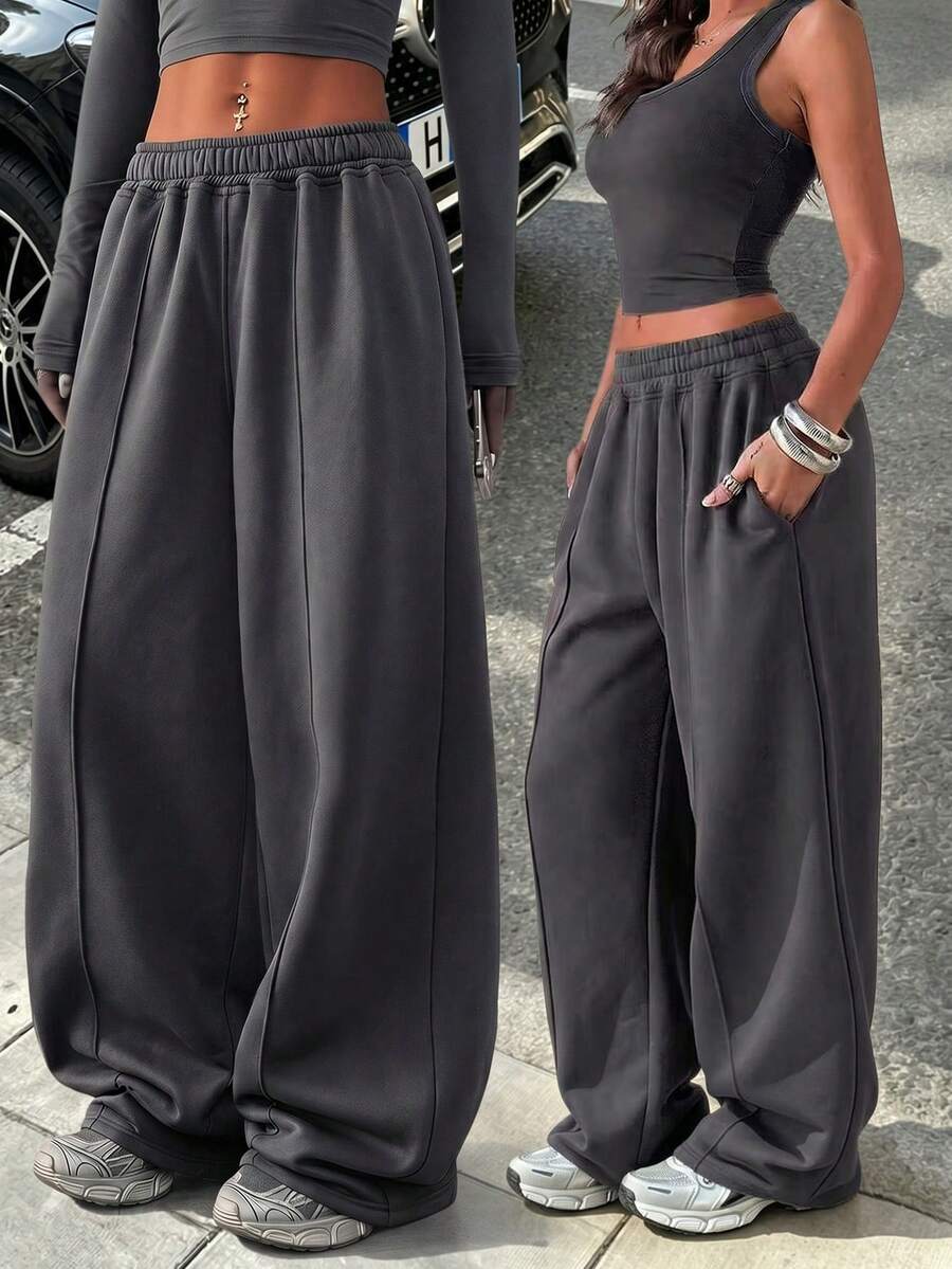 Casual Loose Solid Color Elastic Waist Sweatpants Winter - Light Grey - View 1
