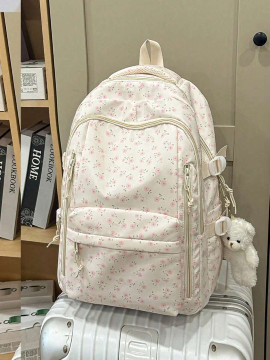 新開學季時尚印花女款後背包,多隔層口袋設計,加厚學生背包,防水大容量,附泰迪熊吊飾配件 - 白色 - 查看 1