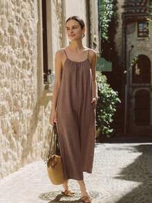 Summer Women's Fashionable Solid Color Sexy Camisole Backless Ruched Tie-Up Loose Sleeveless Vacation Style Jumpsuit With 9/10 Length Pants - Brown - View 2