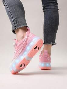 Zapatos con ruedas recargables con luz LED para niñas, patines multifuncionales transformables con ruedas desmontables, adecuados para todas las estaciones - Rosa - Ver 9