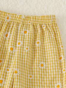 2pcs Baby Girl Casual Comfortable 3D Towel Embroidery Flower Decor Round Neck Long Sleeve Top & Daisy Print Plaid Straight Leg Pants Set, Spring/Autumn Lightweight - Yellow - View 7