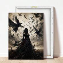 1pc Canvas Wall Art, Framed Wall Decor, Vintage Gothic Style Crows And Black Clothed Woman Canvas Painting, Dark Academia Atmosphere Oil Painting Print, Thriller Dark Pastoral Style Modern Home Decor, Room Decor, Dorm Decor, Bedroom Decor, Bathroom Decor, Kitchen Decor, Dining Room Decor, Living Room Decor, Office Decor, School Decor, Classroom Decor, Back To School Decor - Raven Girl - View 4