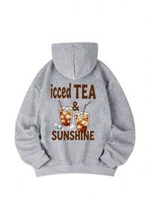 Women's Hooded Sweatshirt, New Autumn/Winter Iced Tea Drink Pattern Letter Print, Drawstring Design, With Pockets, Casual Versatile Loose Fit Top, Fashionable Daily Wear - Dark Gray - View 3