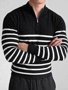 ZYNTH BALENO Men's Fashion Autumn/Winter Striped Zip Collar Long Sleeve Sweater, Suitable For Gym, Running, Hiking, Black - Black - View 2