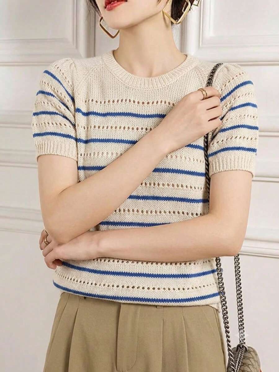 女款夏季條紋鏤空針織上衣,休閒度假毛衣,優雅短袖套頭衫 - 杏色 - 查看 1