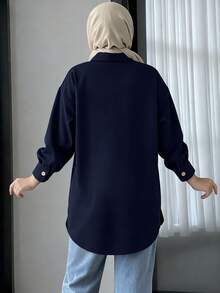 女款優雅長袖格紋襯衫領前開扣常規上衣，梭織布料 - 藏蓝色 - 查看 4