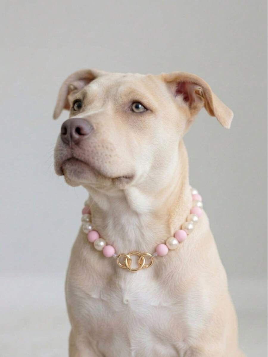 16MM Pearl Dog Necklace Collar, Pink Cute Color-Block Cat Necklace Collar, Dog Necklace Collar, Pet Birthday Gift, Pet Photography Prop, Pet Travel Matching Necklace - Pink - View 1